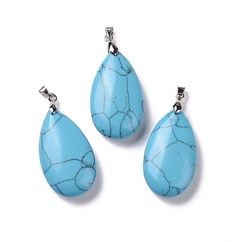 Natural Howlite Pendants, with Brass Finding, Teardrop, 35x20x7.5~9mm, Hole: 4x3.5mm