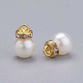 Acrylic Pearl Pendants, with Crystal Rhinestone and Golden Tone Iron Loop, Round, White, 15x10mm, Hole: 2mm