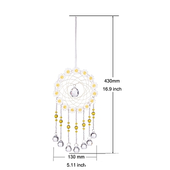 Woven Web/Net with Glass Round Pendant Decorations, for Home Hanging Decorations, Yellow, 430x130mm