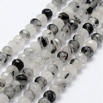 Natural Black Rutilated Quartz Bead Strands, Rondelle, Faceted, 5.5~6x3.5~4mm, Hole: 1mm, about 81pcs/strand, 15.3 inch(39cm)