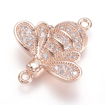 Brass Micro Pave Cubic Zirconia Links, Clear, Insects, Rose Gold, 19x16.5x4mm, Hole: 1.5mm
