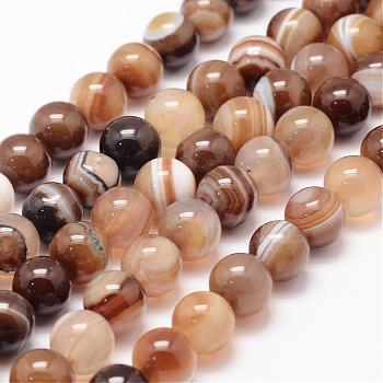 Natural Striped Agate/Banded Agate Bead Strands, Round, Grade A, Dyed & Heated, Coffee, 10mm, Hole: 1mm, about 37~38pcs/strand, 14.5 inch