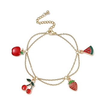 Alloy Enamel Fruit Charm Bracelets, with Ion Plating(IP) Light Gold 304 Stainless Steel Cable Chains, Cherry, 6-3/4 inch(17.3cm)