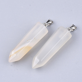 Natural White Agate Point Pendants, with Platinum Plated Brass Findings, Bullet, 35~37x10~11x9~10mm, Hole: 6~7x2.5~4mm