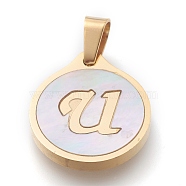 304 Stainless Steel Pendants, with Shell, Flat Round with Alphabet, Golden, Letter.U, 20.5x18x2.5mm, Hole: 7x4mm(STAS-O138-21p-U)