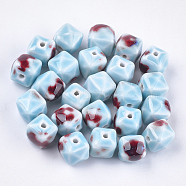 Handmade Porcelain Beads, Fancy Antique Glazed Porcelain, Cube , Light Sky Blue, 13x13~14x13~14mm, Hole: 2mm(PORC-S498-09M)
