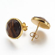 Natural Tiger Eye Ear Studs, with Brass Findings, Golden, Flat Round, 15mm, Pin: 0.8mm(EJEW-G197-B06)
