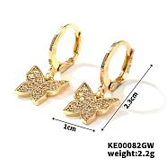 Elegant Japanese Style Copper & Zircon & Diamond Hoop Earrings, Fashionable and Versatile Accessories, Golden, Butterfly, 23x10mm(HY8842-5)