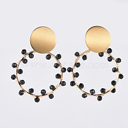 Dangle Stud Earrings, with 304 Stainless Steel Stud Earrings Findings, Brass Linking Rings, Glass Beads and Earring Backs, Golden, Black, 54~55mm, Pin: 0.7mm(EJEW-JE03686-03)