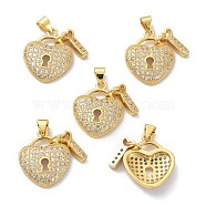 Brass Cubic Zirconia Pendants, Long-Lasting Plated, Lead Free & Cadmium Free, Real 18K Gold Plated, Heart Lock and Key, Clear, 20x16x3.5mm, Hole: 3.5x4mm(KK-B047-10G)
