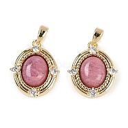 Natural Rhodonite Oval Pendants, Brass Clear Cubic Zirconia Charms, Real 18K Gold Plated, 19x15.5x5.5mm, Hole: 4.5x2.5mm(KK-P283-42B-GG)