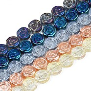Electroplate Glass Beads Strand, Flat Round with Rose Flower, Mixed Color, 10x4mm, Hole: 0.9mm, about 65~66pcs/strand, 24.80 inch~ 25.20 inch(63~64cm)(EGLA-S188-19)