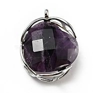 Natural Amethyst Pendants, Heart Charm, Faceted, with Stainless Steel Color Tone 304 Stainless Steel Findings, 28x21.5x9mm, Hole: 2mm(G-D473-10P)