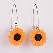 Resin Dangle Earrings, with Brass Earring Hooks and Plastic Imitation Pearl Ear Nuts, Sunflower, Orange, 56~59mm, Pin: 0.8mm(EJEW-JE03338-02)