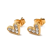 Heart 304 Stainless Steel Rhinestone Stud Earrings, 316 Surgical Stainless Steel Pin Ear Studs, with Ear Nuts, Golden, Crystal, 7x8.5mm, Pin: 0.7mm(EJEW-A081-15G-02)