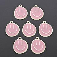 Spray Painted Alloy Pendants,  Cadmium Free & Lead Free, with Pink Enamel, Smiling Face, Light Goldenrod Yellow, 24x20x1mm, Hole: 2mm(ENAM-S127-026D-RS)