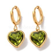 PVD Vacuum Plating 304 Stainless Steel Hoop Earrings, with Rhinestone, Heart, Olivine, 26x10mm(EJEW-C106-01G-02)