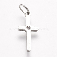 316 Surgical Stainless Steel Pendants, with Rhinestone, Cross, Stainless Steel Color, 16.5x8x1.5mm, Hole: 3.5mm(KK-I612-08P)