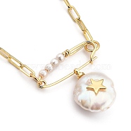 Natural Pearl Pendant Necklaces, with Shell Pearl Beads, Brass Brooch Findings and Cardboard Box, Flat Round with Star, Golden, 17.71~18.11 inch(45~46cm)(NJEW-JN03017-01)
