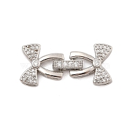 Brass Micro Pave Clear Cubic Zirconia Fold Over Clasps, Bowknot, Platinum, 27x12.5x4~4.5mm, Hole: 2.5x0.8mm(KK-C075-04P)