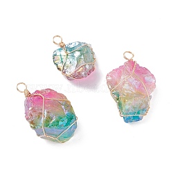 Rough Raw Natural Quartz Pendants, with Real 18K Gold Plated Eco-Friendly Copper Wire, Nuggets, Colorful, 36~43x24~27.5x11~17mm, Hole: 4.7mm(PALLOY-JF01100)