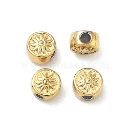 304 Stainless Steel Beads, Flat Round with Flower, Ion Plating(IP), Real 18K Gold Plated, 6.5x4mm, Hole: 1.8mm(X-STAS-D204-22G)