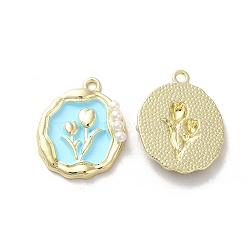 Alloy Enamel Pandants, with ABS Plastic Imitation Pearl, Lead Free & Cadmium Free, Light Gold, Oval with Flower, Light Blue, 23.5x19x4.5mm, Hole: 1.8mm(ENAM-K067-083G-01)