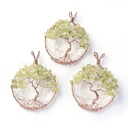 Natural Quartz Crystal & Peridot Big Pendants, with Rose Gold Tone Brass Findings, Flat Round with Tree of Life, 58~61.5x44~48x14~16.5mm, Hole: 4~5x3.5~6mm(G-G771-B07)