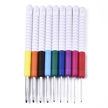 Aluminum Diverse Size Crochet Hooks Set, with ABS Plastic Handle, for Braiding Crochet Sewing Tools, Platinum, Mixed Color, 155~159x10mm, Pin: 2mm/2.5mm/3mm/3.5mm/4mm/4.5mm/5mm/5.5mm/6mm, 9pcs/set