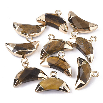 Electroplate Natural Tiger Eye Charms, with Iron Findings, Faceted, Moon, Golden, 12~13x18~19x5mm, Hole: 1.8mm