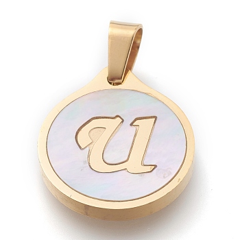 304 Stainless Steel Pendants, with Shell, Flat Round with Alphabet, Golden, Letter.U, 20.5x18x2.5mm, Hole: 7x4mm