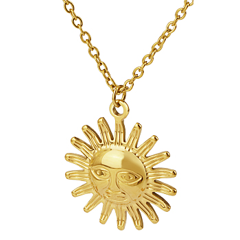 Stylish Stainless Steel Sun Pendant Necklaces for Women, Real 18K Gold Plated, 17.72 inch(45cm)