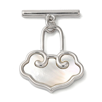 Brass Toggle Clasps, with Shell, Cloud, Platinum, Bar: 4.5x17x2mm, Hole: 1.4mm; Lock: 20x18x2.5mm, Hole: 8x4.5mm