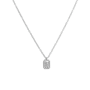 Classic Rectangle 925 Sterling Silver Clear Cubic Zirconia Pendant Cable Chain Necklaces, Silver, 15.75 inch(40cm)