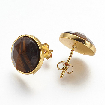 Natural Tiger Eye Ear Studs, with Brass Findings, Golden, Flat Round, 15mm, Pin: 0.8mm