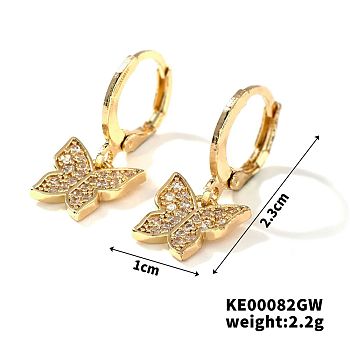 Elegant Japanese Style Copper & Zircon & Diamond Hoop Earrings, Fashionable and Versatile Accessories, Golden, Butterfly, 23x10mm