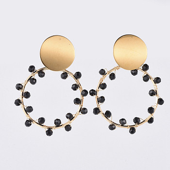 Dangle Stud Earrings, with 304 Stainless Steel Stud Earrings Findings, Brass Linking Rings, Glass Beads and Earring Backs, Golden, Black, 54~55mm, Pin: 0.7mm