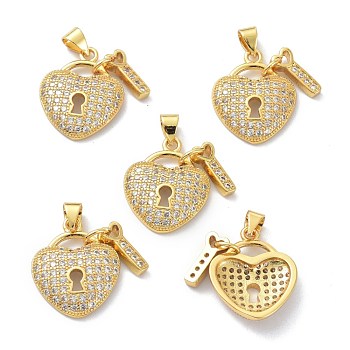 Brass Cubic Zirconia Pendants, Long-Lasting Plated, Lead Free & Cadmium Free, Real 18K Gold Plated, Heart Lock and Key, Clear, 20x16x3.5mm, Hole: 3.5x4mm