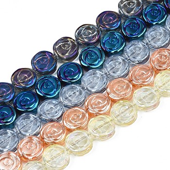 Electroplate Glass Beads Strand, Flat Round with Rose Flower, Mixed Color, 10x4mm, Hole: 0.9mm, about 65~66pcs/strand, 24.80 inch~ 25.20 inch(63~64cm)