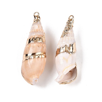 Natural Conch Shell Big Pendants, Shell Shaped Charms with Golden Tone Iron Loops, Bisque, 27~51x11~16x10~15.5mm, Hole: 1.2~1.8mm