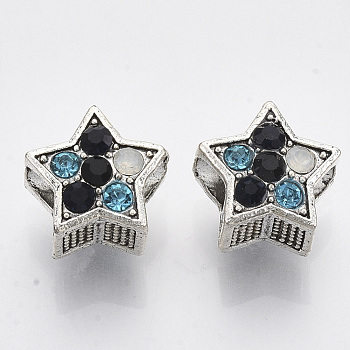 Alloy European Beads, with Glass Rhinestone, Large Hole Beads, Star, Antique Silver, Colorful, 12.5x13x9mm, Hole: 5mm