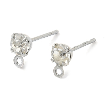 Brass Stud Earring Findings, with Rhinestone and 925 Sterling Silver Pin, with Horizontal Loops, Platinum, 6.5x4mm, Hole: 1mm, Pin: 9x0.8mm