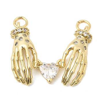 Brass Clear Cubic Zirconia Pendants, Long-Lasting Plated, Rack Plating, Lead Free & Cadmium Free, Skeleton Hands with Heart Charms, Real 18K Gold Plated, 22x24x5.5mm, Jump Ring: 4.5x1mm, Inner Diameter: 2mm
