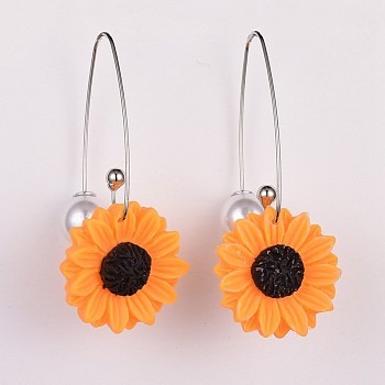 Resin Dangle Earrings, with Brass Earring Hooks and Plastic Imitation Pearl Ear Nuts, Sunflower, Orange, 56~59mm, Pin: 0.8mm