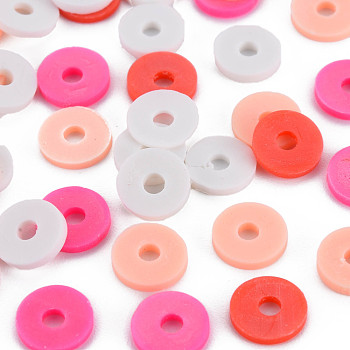 4 Colors Handmade Polymer Clay Beads, Heishi Beads, Disc/Flat Round, White & Orange Red & Light Salmon & Fuchsia, 8x0.5~1.5mm, Hole: 2mm, about 11500pcs/1000g