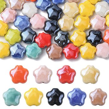 40Pcs Handmade Porcelain Beads, Bright Glazed Porcelain, Flower, Mixed Color, 14x15x6.5mm, Hole: 2mm