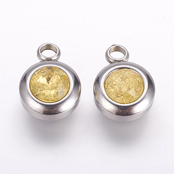 304 Stainless Steel Charms, Flat Round with Glass Rhinestone, Stainless Steel Color, Light Khaki, 14x10x6mm, Hole: 2.5mm