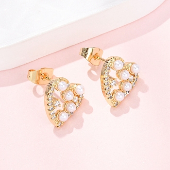 Heart Brass Micro Pave Clear Cubic Zirconia Stud Earrings, with ABS Imitation Pearl, Real 16K Gold Plated, 11.5x11.5mm