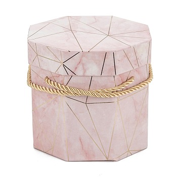 Valentine's Day Marble Texture Pattern Paper Gift Boxes, with Rope Handles, for Gift Packaging, Octagon, Pink, 13.3x12.6x11.8cm