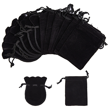 60Pcs 2 Style Velvet Bags, Drawstring Jewelry Pouches, Rectangle & Calabash Shape, Black, 9x7cm, 30pcs/style